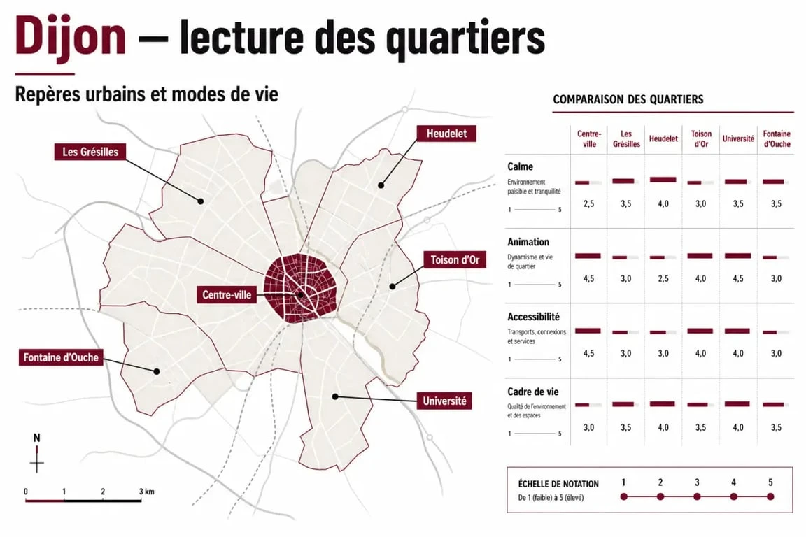 Quartier dijon : vue d’ensemble comparative des principaux secteurs de Dijon