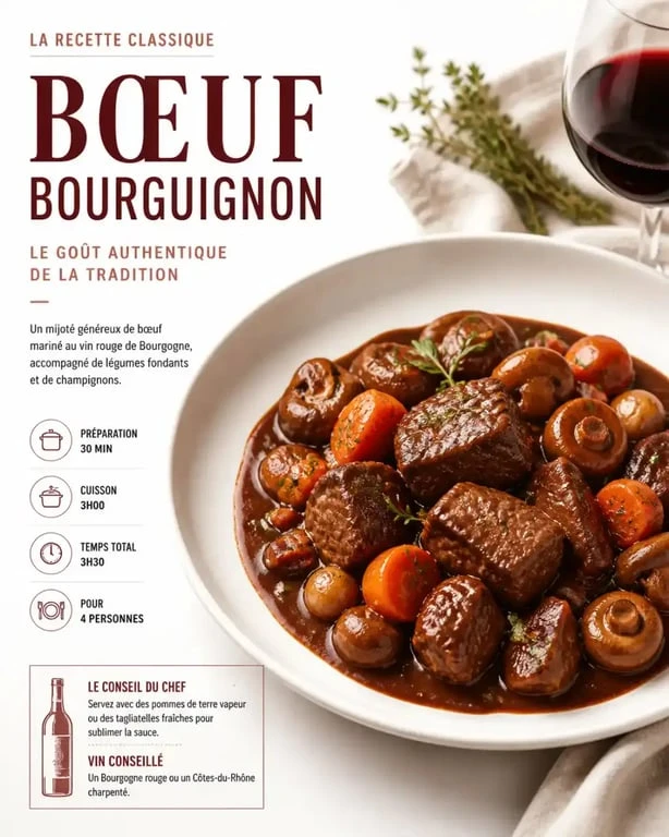 Plat de bœuf bourguignon traditionnel dans un restaurant à Fontaine-lès-Dijon