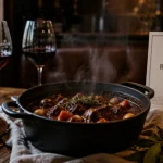 Restaurants fontaine les dijon : cocotte fumante de bœuf bourguignon, vin Pinot Noir