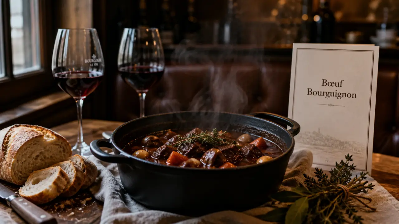 Restaurants fontaine les dijon : cocotte fumante de bœuf bourguignon, vin Pinot Noir