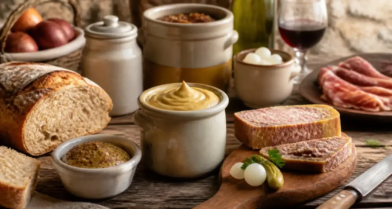 Spécialités gourmandes dijonnaises sur une table rustique