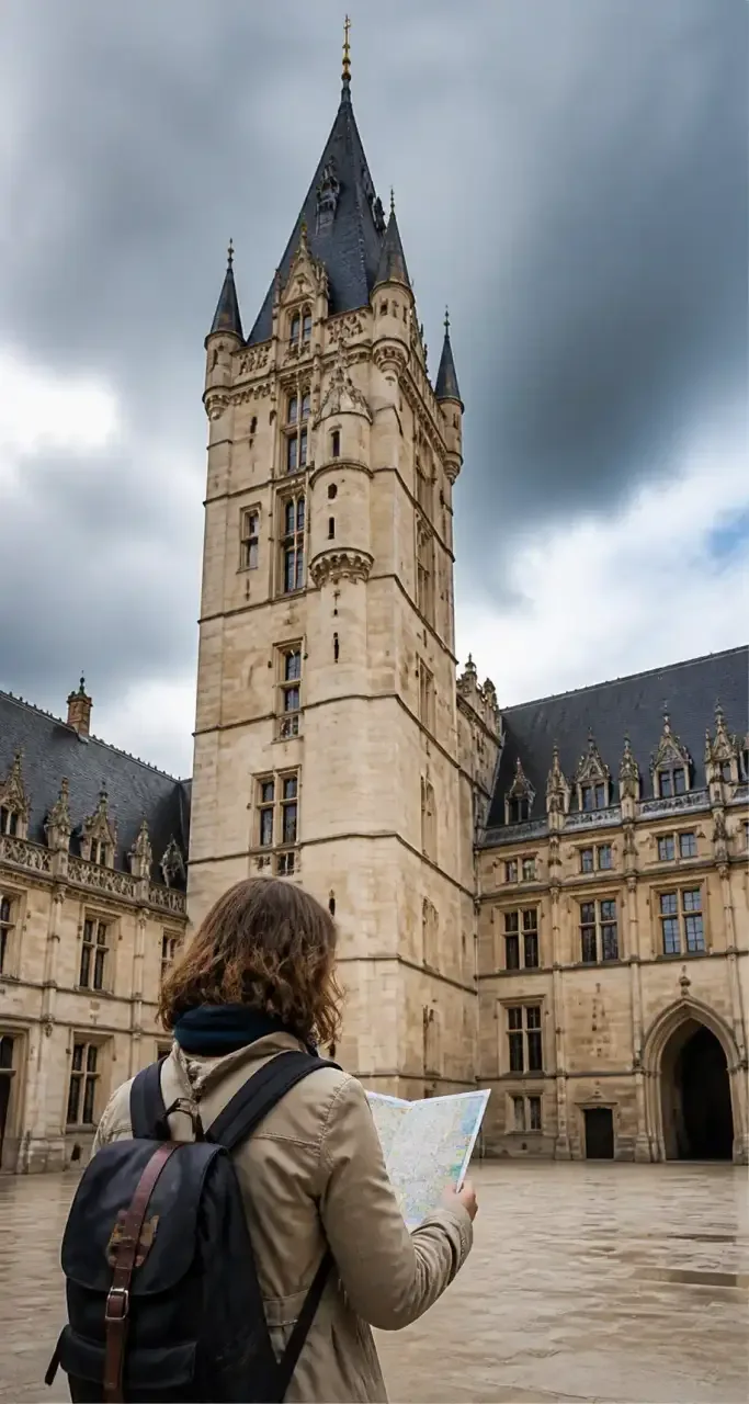 Visiteur devant la tour Philippe le Bon, palais ducal de Dijon