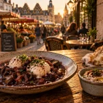 bistrot des halles dijon : assiette en meurette et moutabal fumé, terrasse au marché