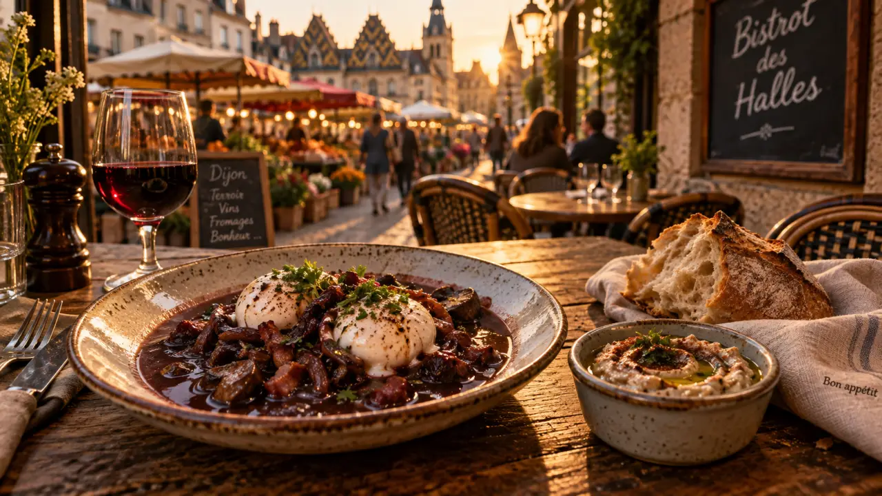 bistrot des halles dijon : assiette en meurette et moutabal fumé, terrasse au marché
