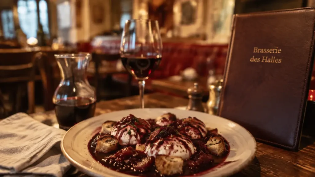 Brasserie des halles Dijon : assiette d’œufs meurette et verre de Bourgogne