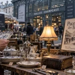 brocante halles dijon : chineur examinant une assiette aux Halles Champeaux