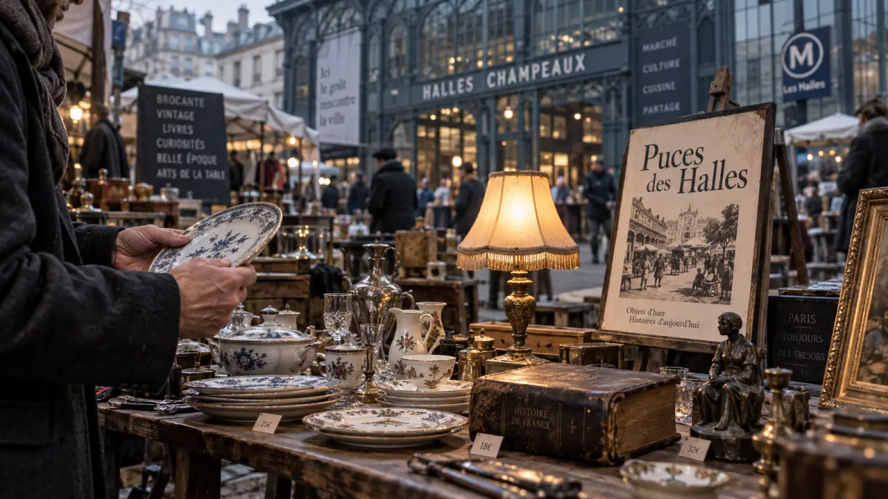 brocante halles dijon : chineur examinant une assiette aux Halles Champeaux