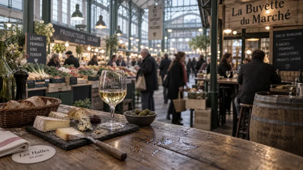 La buvette des halles Dijon : verre de vin sur table au marché