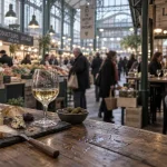 La buvette des halles Dijon : verre de vin sur table au marché