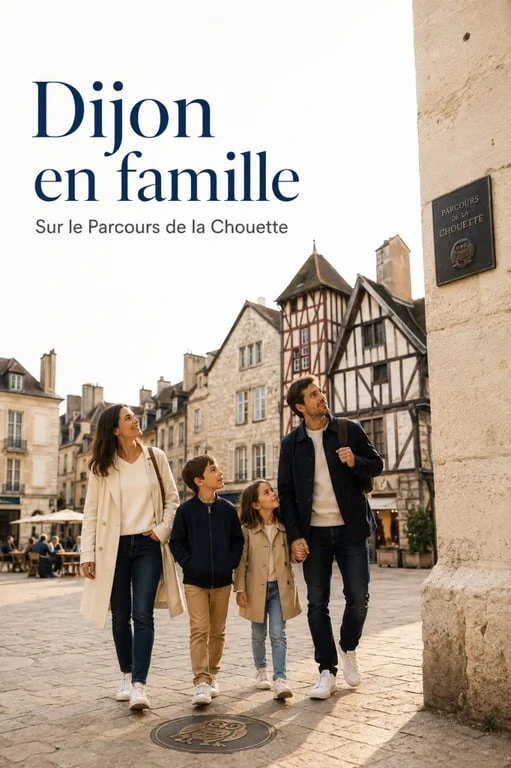 Que visiter à Dijon avec des enfants : famille suivant le Parcours de la Chouette dans le centre historique