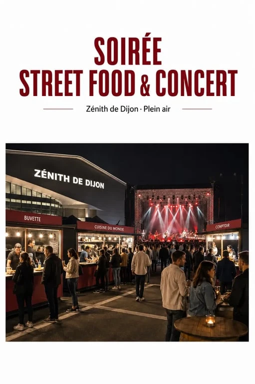 Street food concert dijon en plein air devant le Zénith de Dijon, avec stands de street food et scène musicale