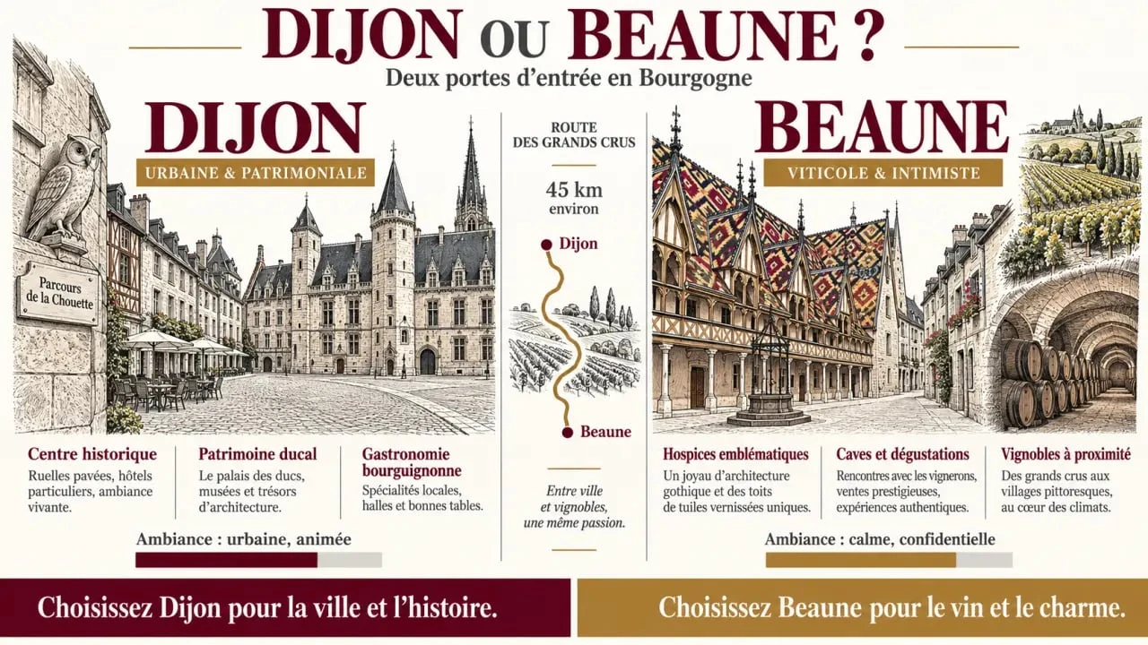 Visiter Beaune ou Dijon : infographie comparative entre patrimoine urbain dijonnais et vignobles de Beaune