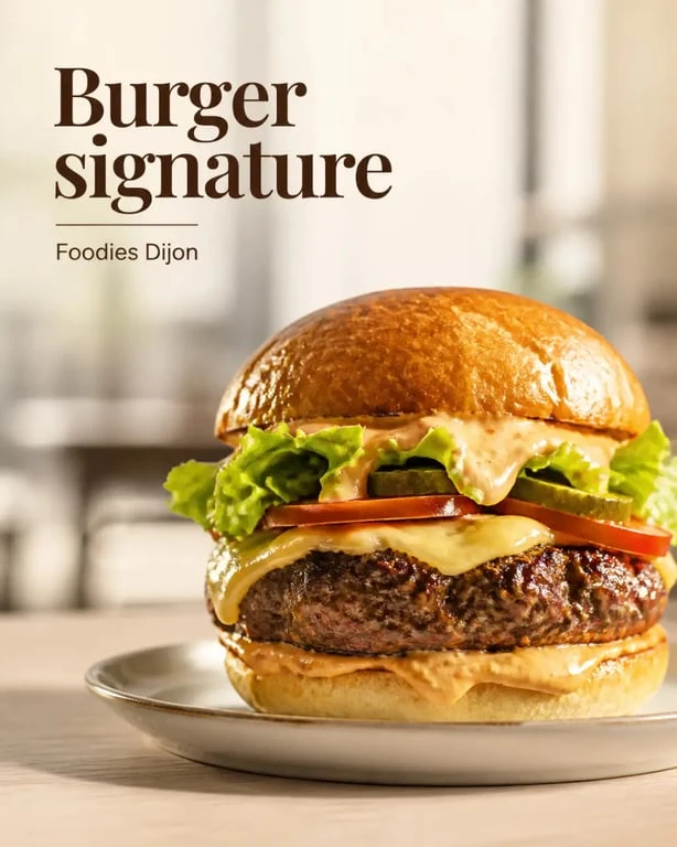 burger dijon foodies : burger signature gourmand présenté en gros plan dans une ambiance de restaurant à Dijon