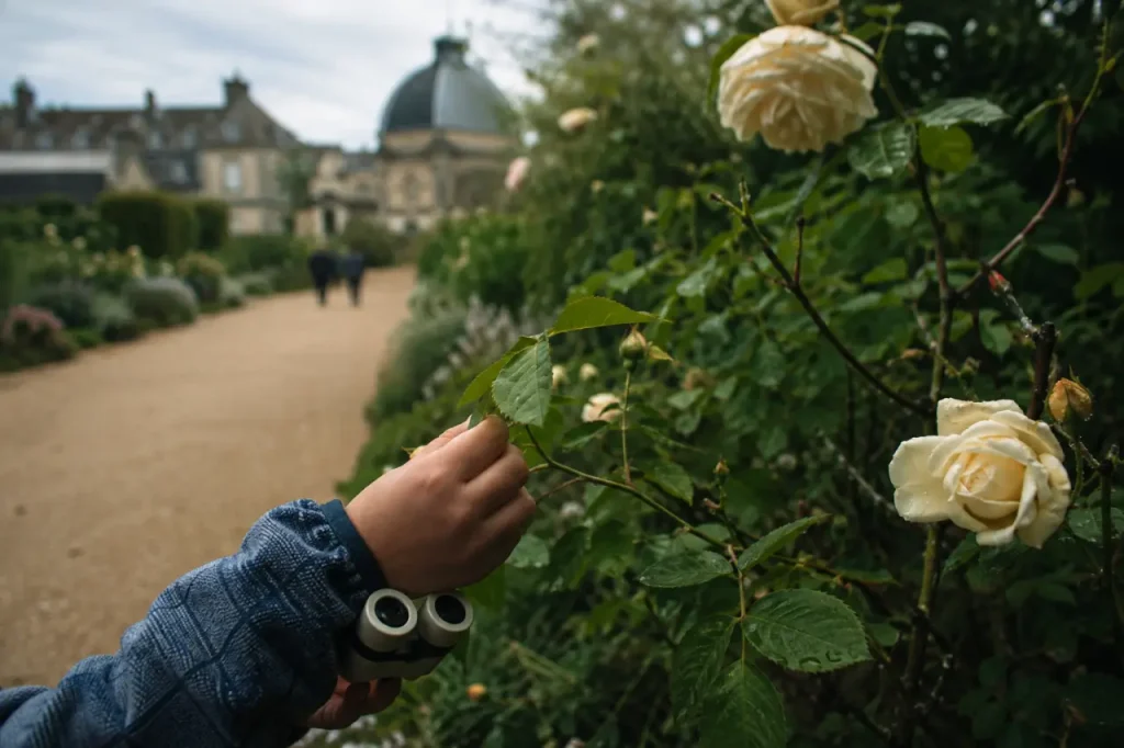 Jardin de l'arquebuse dijon : enfant aux jumelles, feuille dentelée et rosier ancien