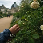 Jardin de l'arquebuse dijon : enfant aux jumelles, feuille dentelée et rosier ancien