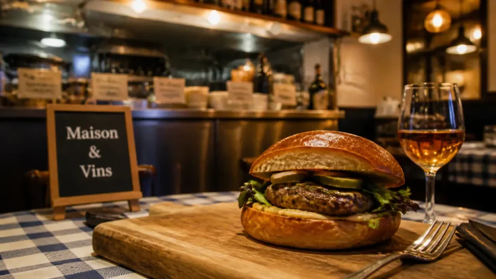 Meilleur burger de Dijon maison, planche en bois et sauce