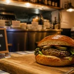 Meilleur burger de Dijon maison, planche en bois et sauce