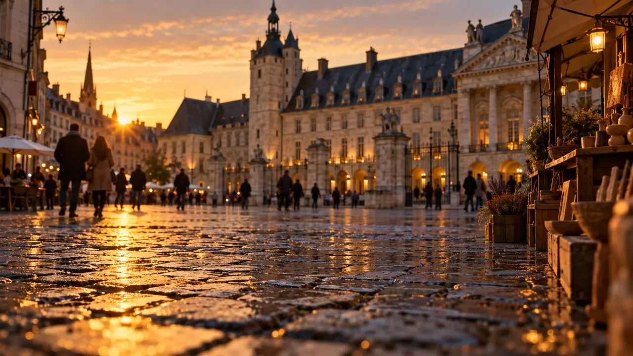 Pourquoi visiter Dijon : vue du Palais des Ducs de Bourgogne, centre-ville au coucher du soleil