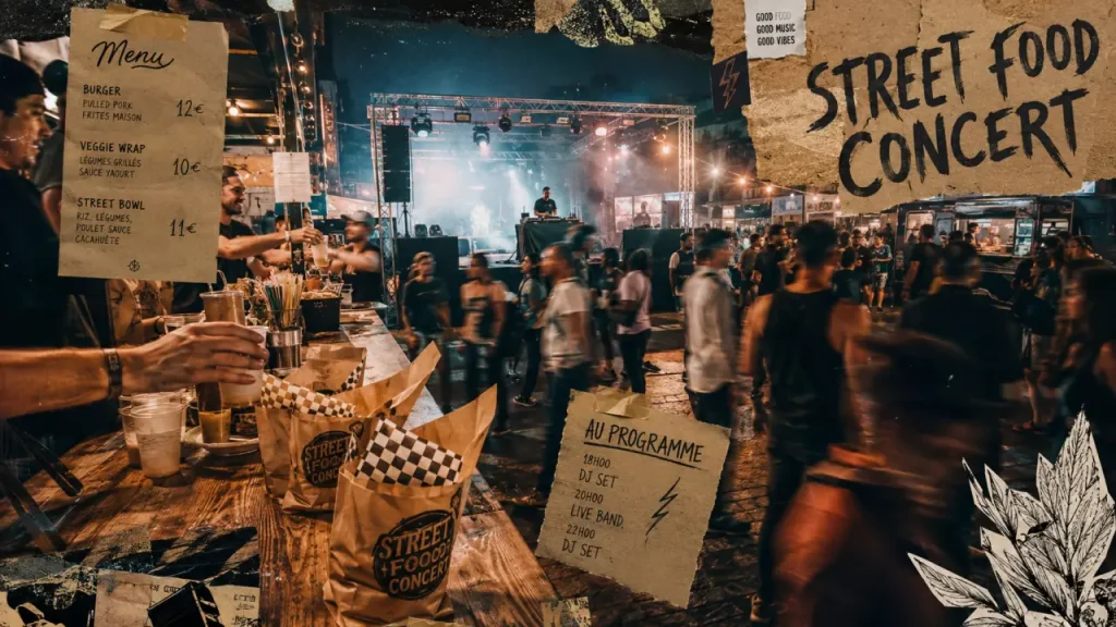 Street food concert Dijon en plein air : foule, DJ et buvette