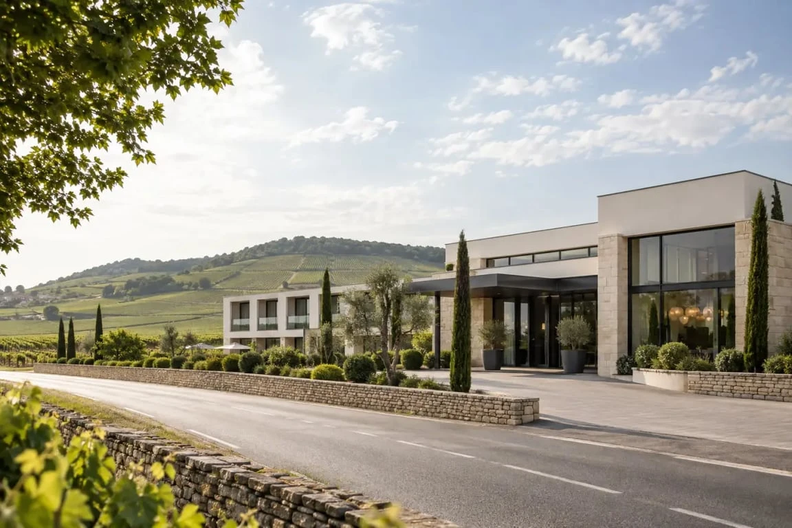 Novotel Dijon Route des Grands Crus à Marsannay-la-Côte avec les vignobles bourguignons en arrière-plan