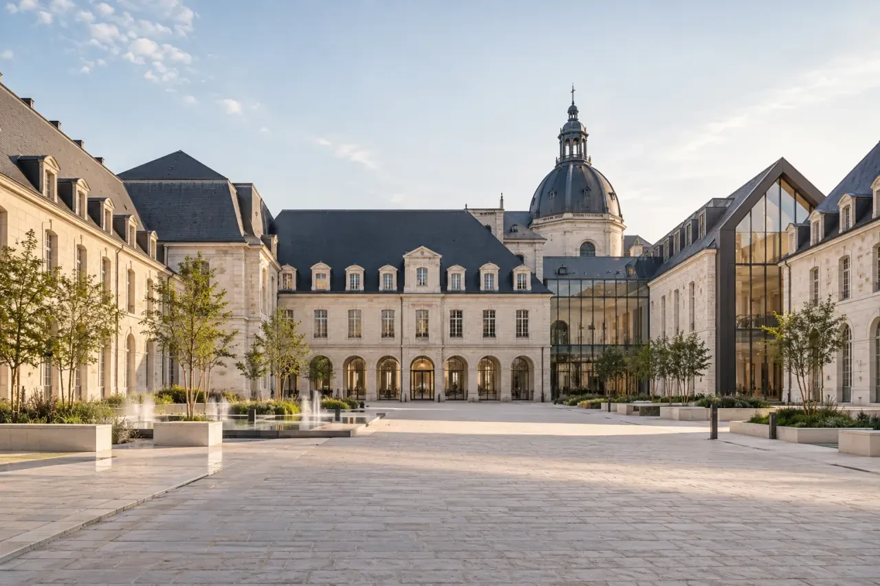 Cité de la gastronomie Dijon vue depuis le parvis et les bâtiments historiques
