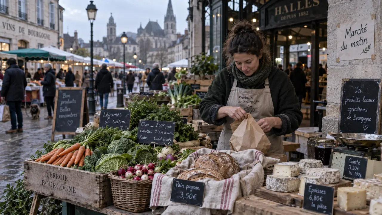 Marchés dijon : marché du matin à Dijon, étal de légumes et fromages
